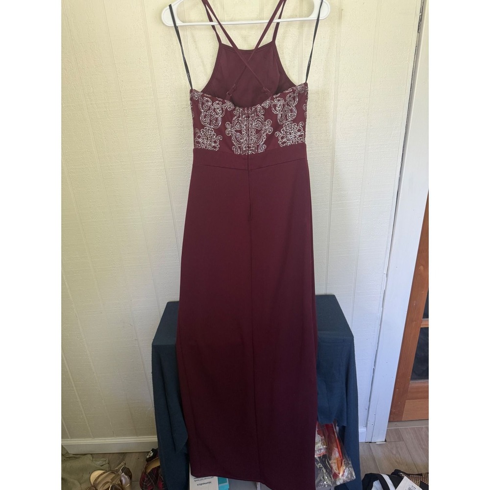 Xraordinary Burgundy Glitter Damask Halter Gown Side Slit Formal Dress Size 5 - Picture 5 of 7
